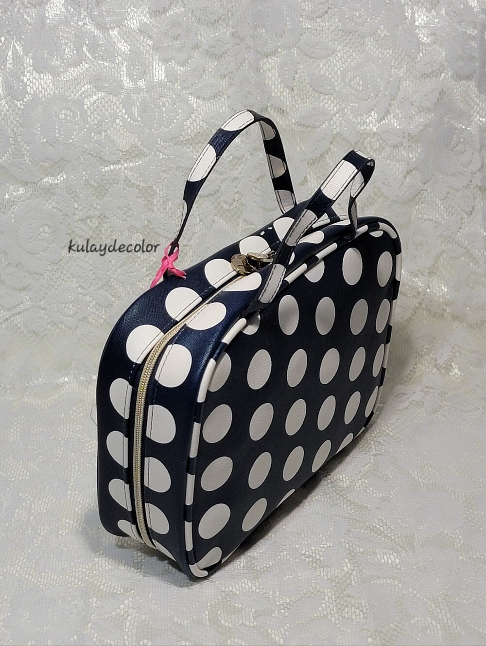 Dabney Lee Navy Blue White Polka Dot Cosmetic Travel Large Toiletry Bag Zip Tote - Picture 6 of 16